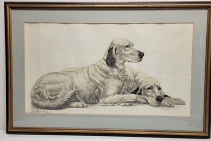 Large Leon Danchin Seated English Setters 1938 Etching Canine Dog Animalier Pencil Signed Color