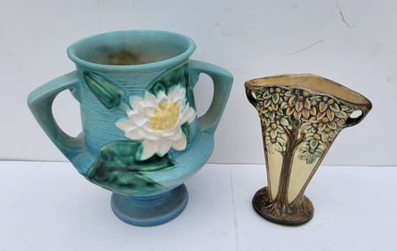 Lot 2 Weller And Roseville Vases Apple Tree Fan And Water Lily 7.1 And 8.25 Inches Handled Pedestal