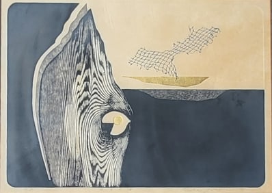 Large Reika Iwami Japanese Etching With Gilt AP 1977 Signed MCM Semi Abstract Brutalist Mid Century