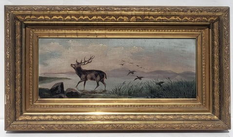 Signed Estate Find Victorian Elk Geese Mountain Lake American School Landscape Oil Painting 7.1in x