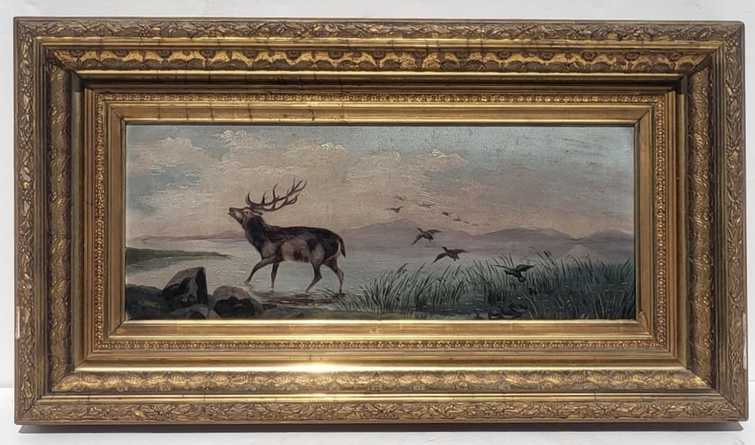 Signed Estate Find Victorian Elk Geese Mountain Lake American School Landscape Oil Painting 7.1in x (1 of 5)