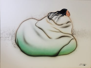 Large Robert Redbird Sr Kiowa 30in x 40in Painting Native American Portrait Seated Figure Watercolor