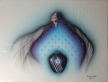 Robert Redbird Jr Native American Portrait Painting With Blackware Vessel Pastel Gouache And Or