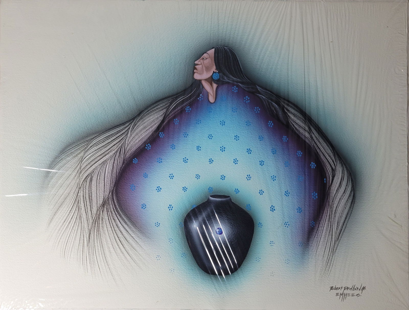 Robert Redbird Jr Native American Portrait Painting With Blackware Vessel Pastel Gouache And Or (1 of 2)