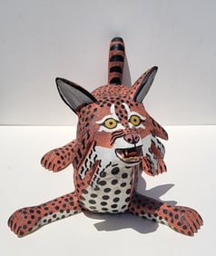 Near Life Size Leroy Ortega Carved Wood Painted 2ft Long Bobcat Statue Sculpture Figure