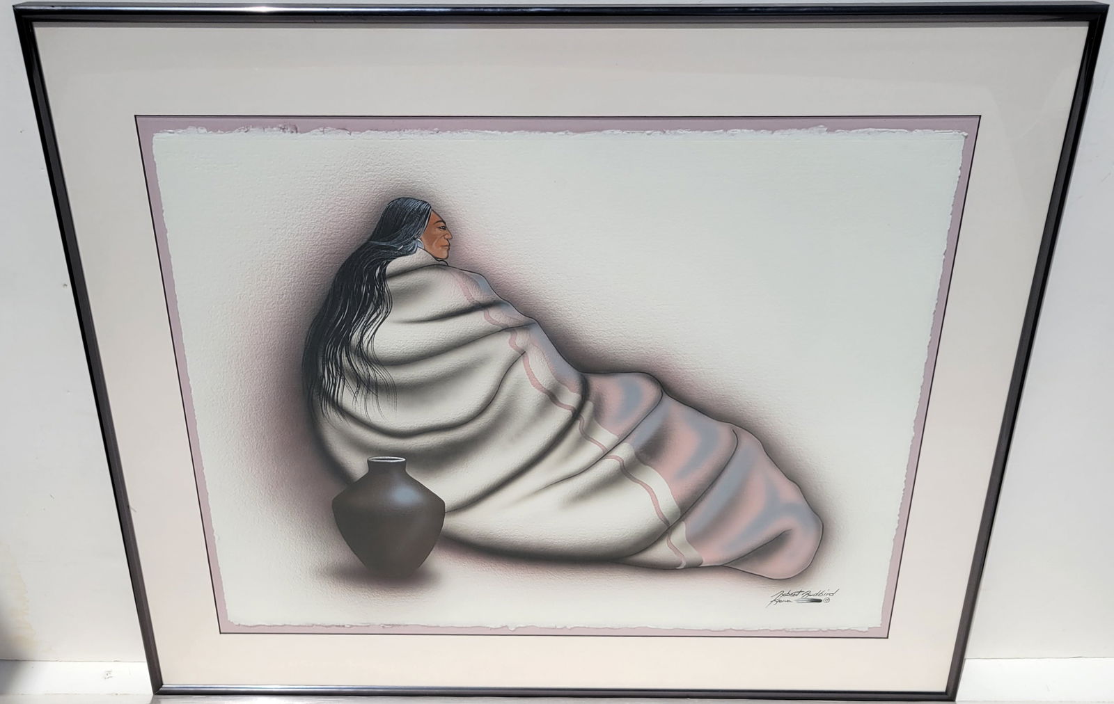 Large Robert Redbird Sr Kiowa 22.5in x 30in Painting Native American Portrait Seated Figure (1 of 1)