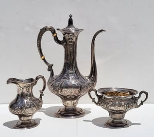 Antique Gorham Sterling Silver 3pc Associated Chocolate Coffee Or Tea Set 25.7ozt Repousse 10.5in