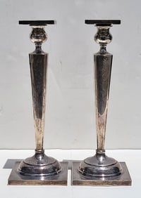 Pair Circa Edwardian Sterling Silver Candlesticks 15.3ozt Chased Columns 12in