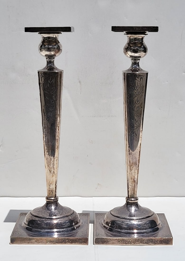 Pair Circa Edwardian Sterling Silver Candlesticks 15.3ozt Chased Columns 12in (1 of 8)