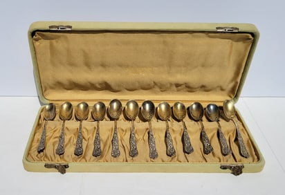 Pittsburgh History Set 12 Sterling Silver Repousse G W Biggs Retailed Boxed Demitasse Spoons MFD By