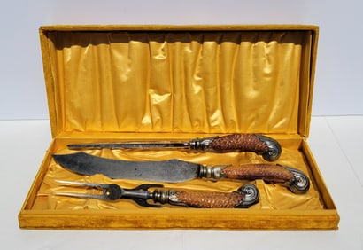 Heavy Ornate Boxed 3 Pc Carving Set Silver Mounted And Carved Handles Albian Damascus Steel Peerless