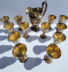 Set Sterling Gilt Antique Gorham Cinderella 83.75ozt 12 Silver Goblets With Pitcher M Monogram