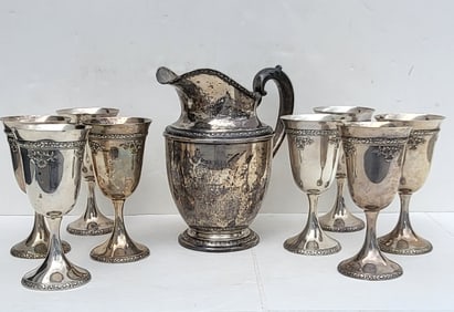 Set Sterling Frank Whiting Talisman Rose And Fisher Rose Bouquet 55ozt Pitcher With 8 Silver Goblets