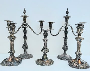 Lot 5 Large Ornate Antique Silverplate Candlesticks Incl Pair 3 Light 18.75 Inch A Pair 12.75 Inch