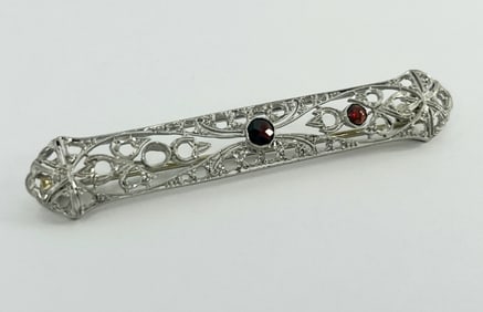 Estate Hand Numbered Edwardian White Gold And Or Platinum Filigree Garnet Bar Pin Brooch To Reset