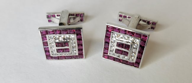 Pair Ruby Diamond 18k White Gold Cufflinks 10.4dwt 16.3g Total Weight