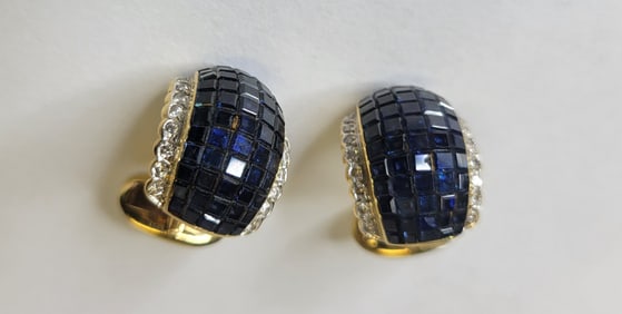 Pair Sapphire Diamond 18k Yellow Gold Cufflinks ll.7dwt 18.3g