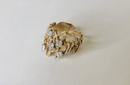 Brutalist Ladies Gold And Diamond Vintage Hollywood Regency Artisan Studio Cocktail Reticulated Ring
