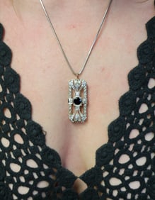 Stunning Sapphire Diamond Art Deco White Pendant Brooch 14k Gold Chain 10.2Tdwt 15.9Tg 1.625in x