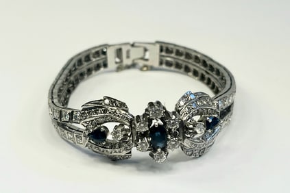 Fabulous Sapphire Diamond 14k White Gold Art Deco Bracelet 14.8Tdwt 23Tg Aprox 6.75in To 7in x