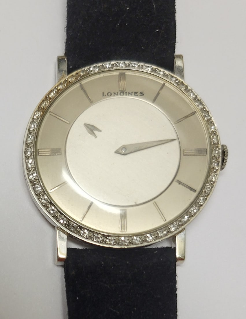 Longines 18k Diamond 1950s Mystery Dial Mens Watch Caliber 23Z 1.25in Diameter 17J: Longines 18k Diamond 1950s Mystery Dial Mens Watch Caliber 23Z 1.25in Diameter 17J. Dial signed Longines, case interior signed Longines Wittnauer, dial appears original, currently fitted with an older