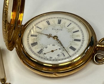 Large 14k Gold Dec 1913 Roman Auto 6 Gilt Porcelain Dial Elgin 74.9Tdwt 116.1Tg 15j 2in Mens Pocket