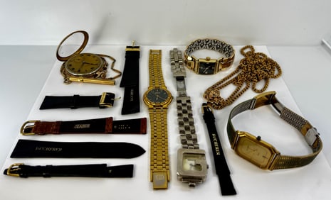 Big Estate Watches Lot Bulova Bucherer Guccis Hamilton Plus Fabulous Victorian Slide Chain Plus 4