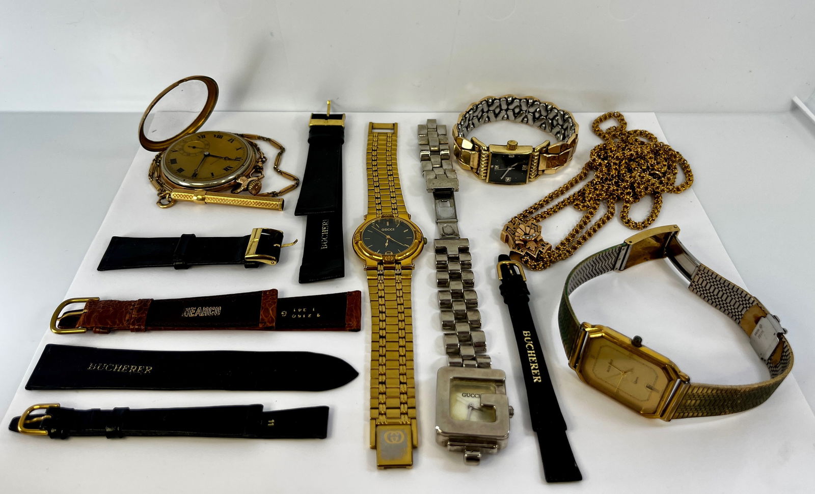 Big Estate Watches Lot Bulova Bucherer Guccis Hamilton Plus Fabulous Victorian Slide Chain Plus 4: Big Estate Watches Lot Bulova Bucherer Guccis Hamilton Plus Fabulous Victorian Slide Chain Plus 4 Straps. As discovered, Bulova quartz with swivel lugs, gold filled, Apex bracelet, Bucherer gold plate