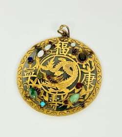 Big 14k Gold Over Jade Vintage Chinese Dragon Pendant 2.2in 29.8Tg Moss In Snow Of Celadon And