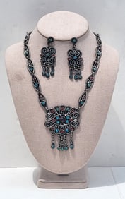 Vintage Mexican Sterling Silver Aprox 20in Necklace Earring Suite 8.4 Tozt Turquoise Stone Set