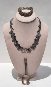 Estate 3pc Vintage Silver Lot Incl Mexican Sterling MOP Necklace 925 Filigree Bracelet Plus
