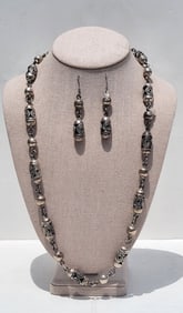 Vintage Mexican Sterling Silver Cylinder Bead 27in Necklace Earring Suite 4.1ozt Filigree