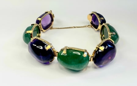 Giant Cabuchons 14k Willis Rock Shop Jade Link Heavy Bracelet 40.7Tdwt 63.3Tg 7in x 0.7in
