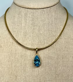 Diamond Bordered Topaz 14k Yellow Gold Faceted Pear Shape 11Tdwt 17.1Tg Pendant Necklace Aprox 15in