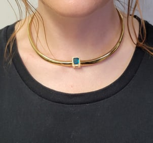Big Emerald Diamond Hinged 14k Yellow Gold Collar Choker 29Tdwt 45.1Tg Gem Set Necklace 7mm x 9mm