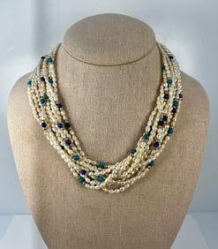 Colorful 14k Tri Gold Turquoise Lapis Seed Pearl 10 Strand Necklace 77.5Tg 18in