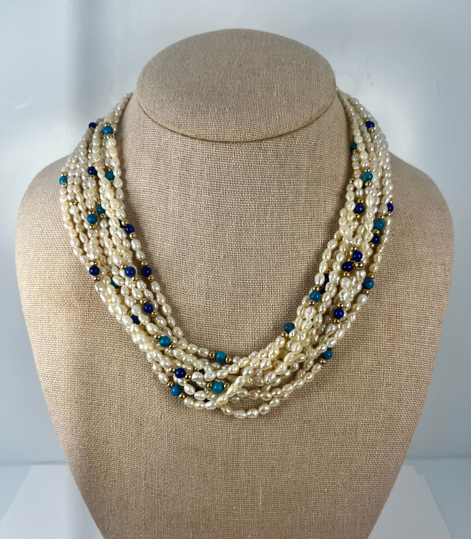 Colorful 14k Tri Gold Turquoise Lapis Seed Pearl 10 Strand Necklace 77.5Tg 18in (1 of 3)