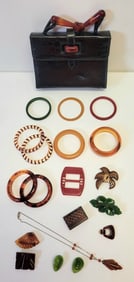 Lot Art Deco Plastic MCM Purse Bangles Bracelets Earrings Pins Necklace And More Estate Find