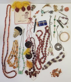 Lot Estate Jewelry Better Costume Chinese Enamel Possible Jelly Belly Faceted Stones Gold Fill