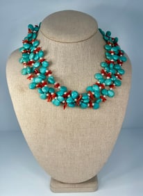 Vintage Estate Turquoise Coral Pearl Single To Double Strand 112g Sterling Silver Clasp Necklace