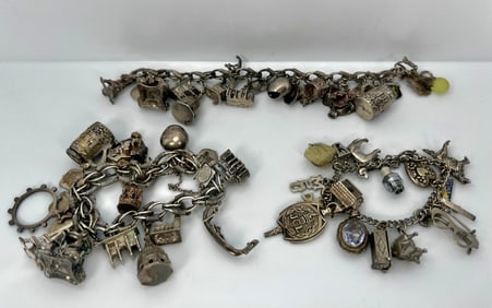 Lot 3 Estate Sterling Silver Charm Bracelets 7Tozt 217Tg Two European Monuments Themed One High