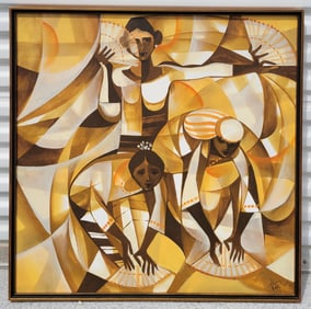 Mystery International Abstract Oil Modernist Woman Painting Possibly Pino W Haitian Indonesian Egypt