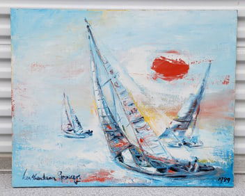Great Provenance Ken Kenneth Abendang Jamaican 1989 Harbor Sail Boats Marine Seascape Painting Ex Am