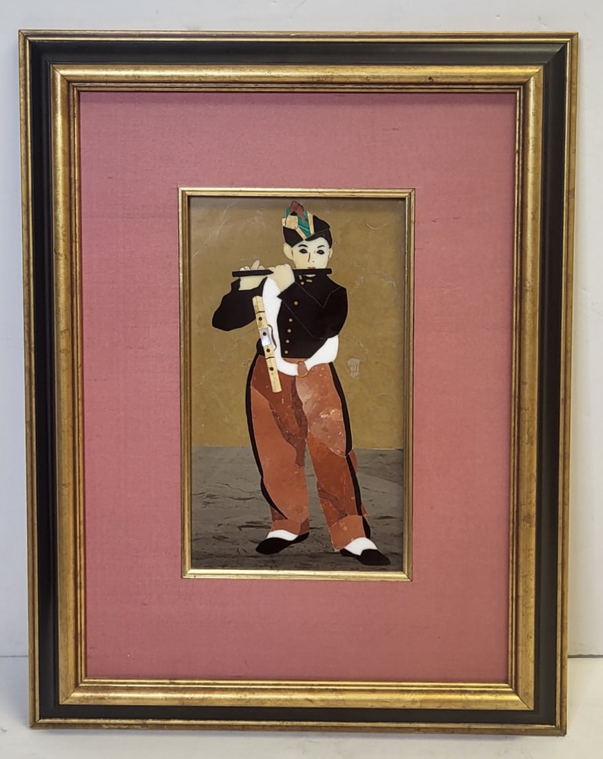 Italian Pietra Dura After Edouard Manet Framed Hardstone Musician Plaque 10.5 X 5.875 Inches Sight (1 of 3)