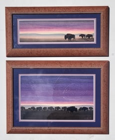 Lot 2 Signed Robert Annesley Bison Buffalo Sunset Watercolor Paintings