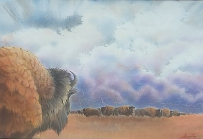 Large Signed Robert Annesley Bison Storm Watercolor Painting