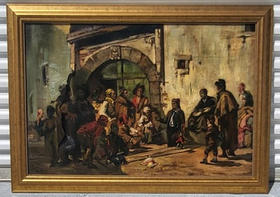 Large Torn A. Dupre After Clairin Orientalist Oil Village Square Puppet Show Painting
