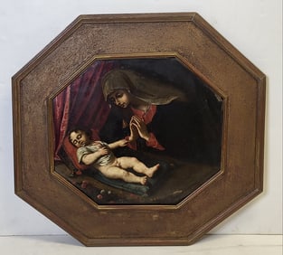 Estate Find 18C Virgin Christ Child Oil On Copper Interior Genre Painting