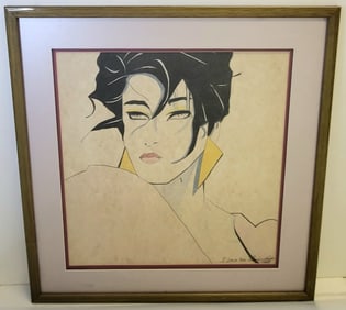 Patrick Nagel Manner Large Colored Pencil Woman Portrait Drawing Signed Inscribed Or Titledd Lamis