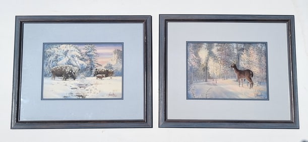 Lot 2 Signed Robert Annesley Bison Family And Deer Winter Landscape Watercolor Paintings